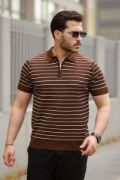 Erkek Fermuar Yakalı çizgili Kısa Kollu T-shirt resmi